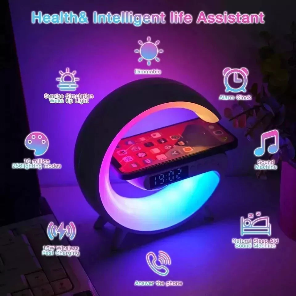 LED Smart G Lamp Bluetooth Speaker Wireless Charger RGB Alarm Clock Night Light