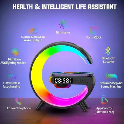 LED Smart G Lamp Bluetooth Speaker Wireless Charger RGB Alarm Clock Night Light